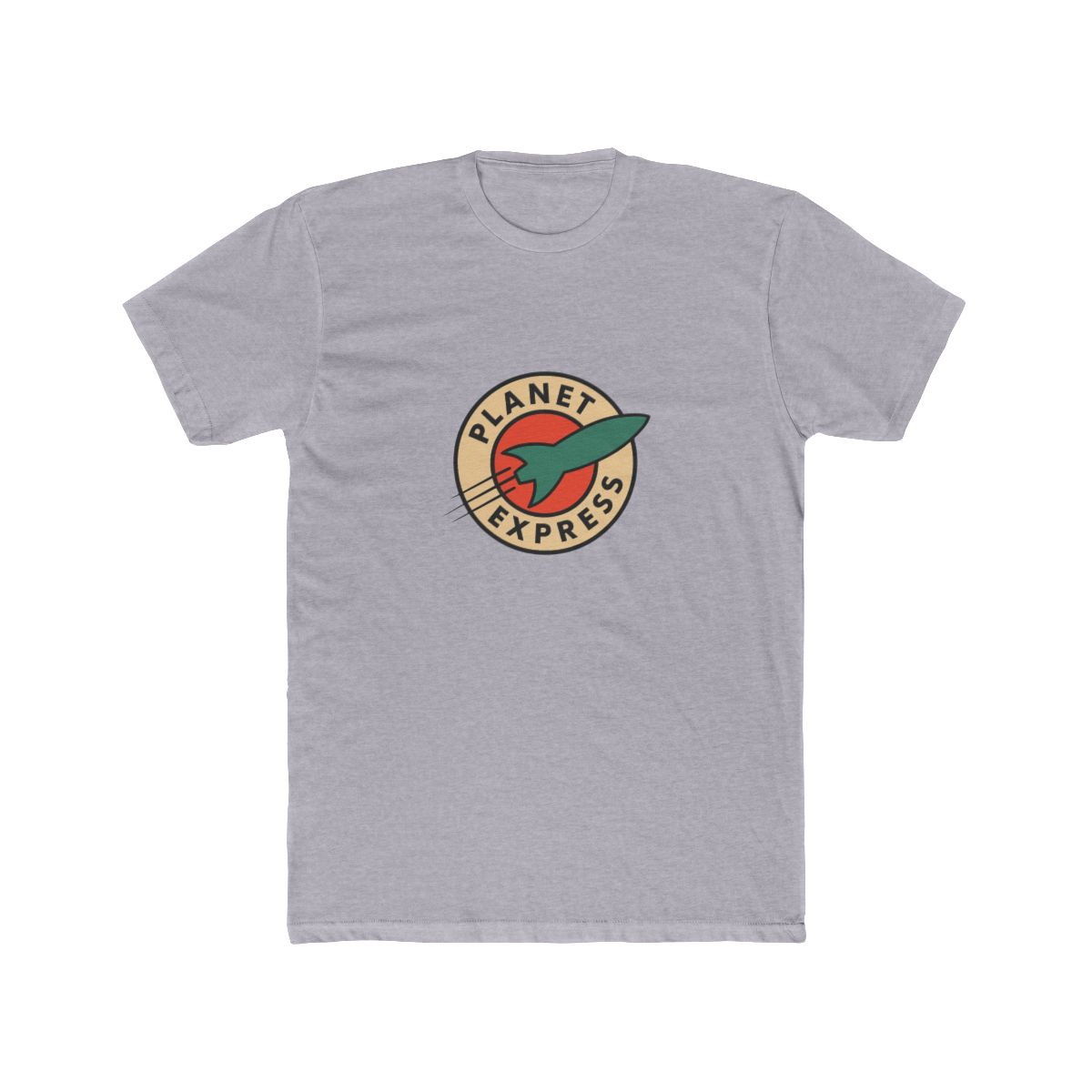 Dark grey t-shirt with a white circle logo featuring a red and orange planet with a green rocket ship. The logo says "Planet Express" in a white font.