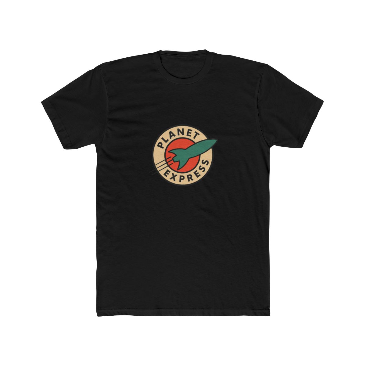 Dark grey t-shirt with a white circle logo featuring a red and orange planet with a green rocket ship. The logo says "Planet Express" in a white font. - alternate angle 3, merchandise