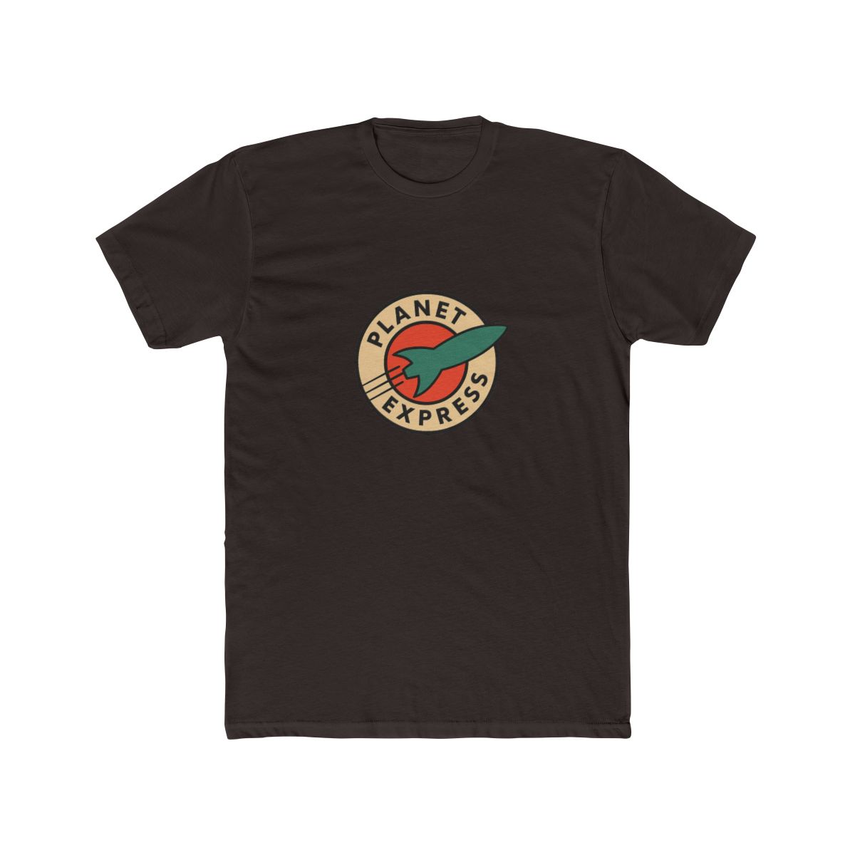 Dark grey t-shirt with a white circle logo featuring a red and orange planet with a green rocket ship. The logo says "Planet Express" in a white font. - alternate angle 2, merchandise