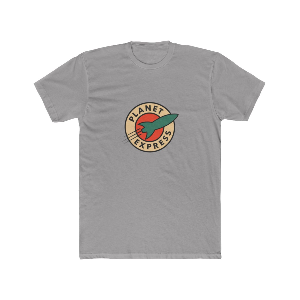 Dark grey t-shirt with a white circle logo featuring a red and orange planet with a green rocket ship. The logo says "Planet Express" in a white font. - Official T-Shirts merchandise
