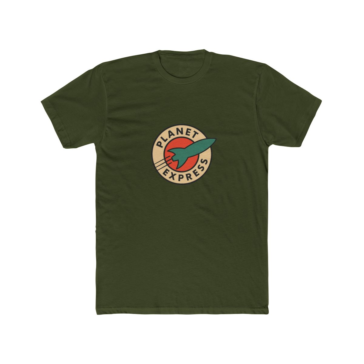 Dark grey t-shirt with a white circle logo featuring a red and orange planet with a green rocket ship. The logo says "Planet Express" in a white font. - alternate angle 5, merchandise