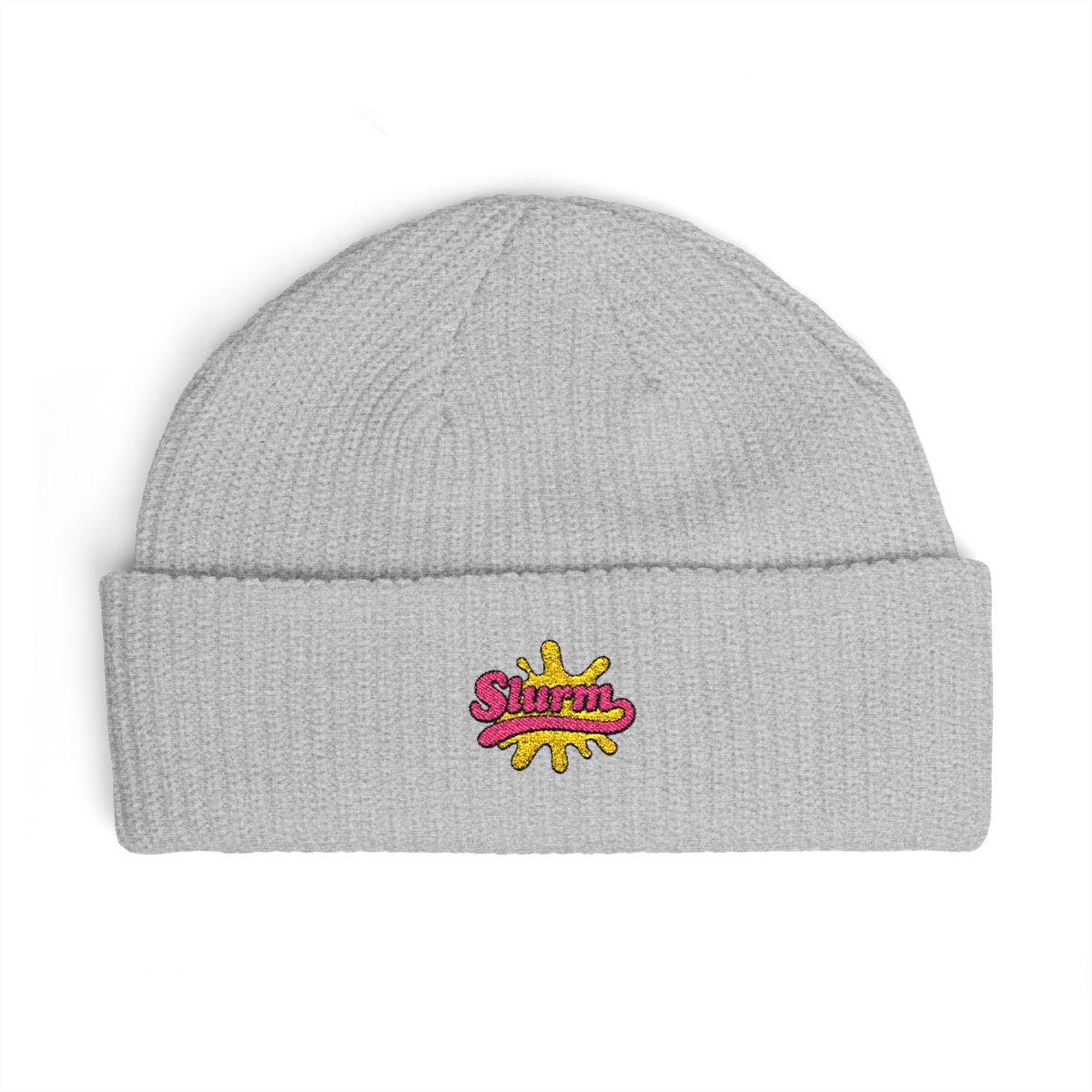 A turquoise blue beanie with a green and pink "Slurm" logo embroidered on the front. - alternate angle 5, merchandise