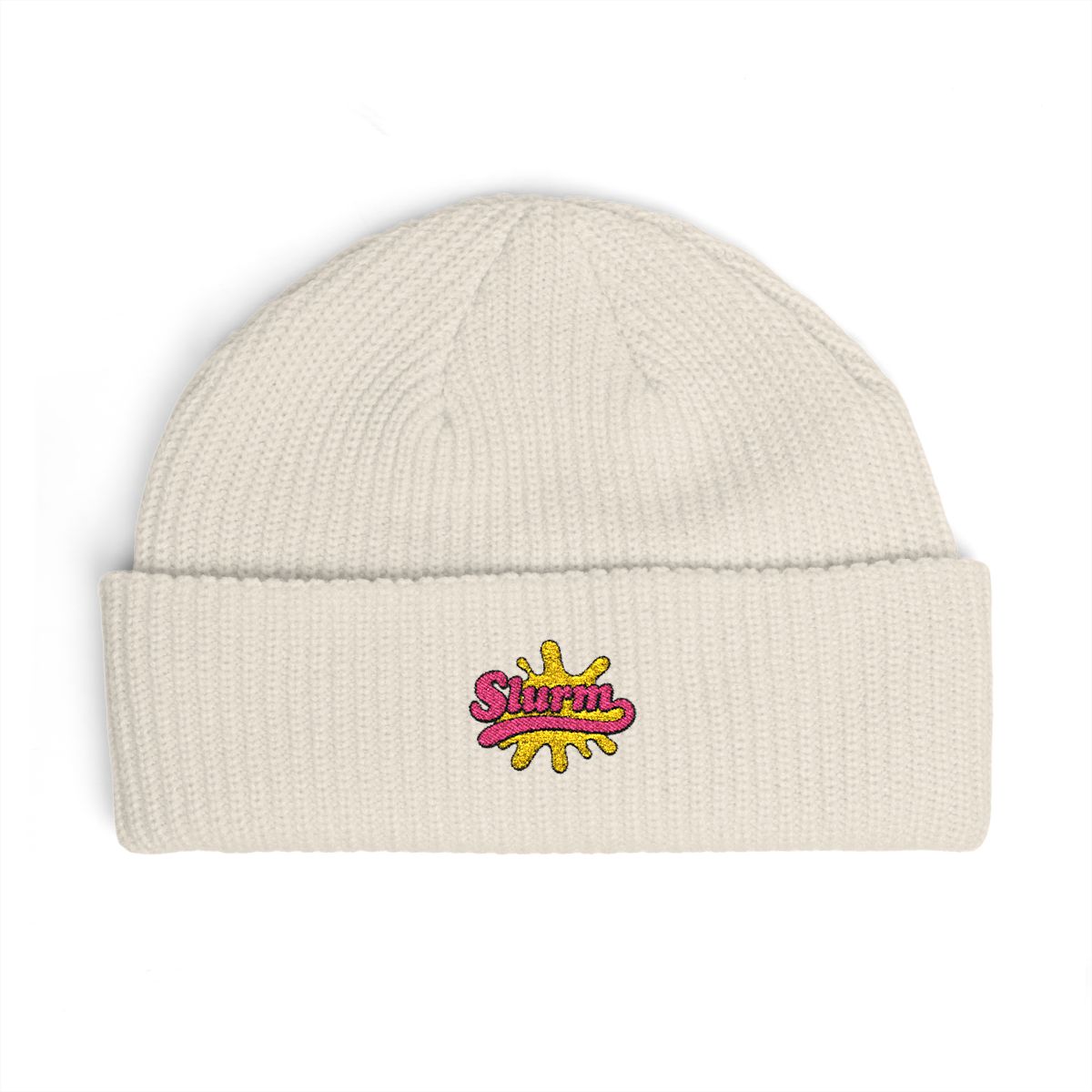 A turquoise blue beanie with a green and pink "Slurm" logo embroidered on the front. - alternate angle 2, merchandise
