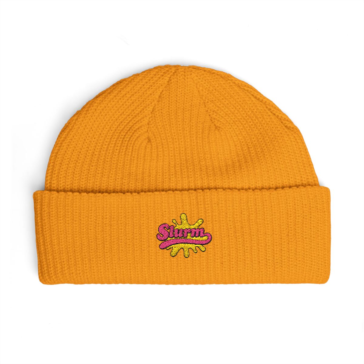 A turquoise blue beanie with a green and pink "Slurm" logo embroidered on the front. - alternate angle 3, merchandise