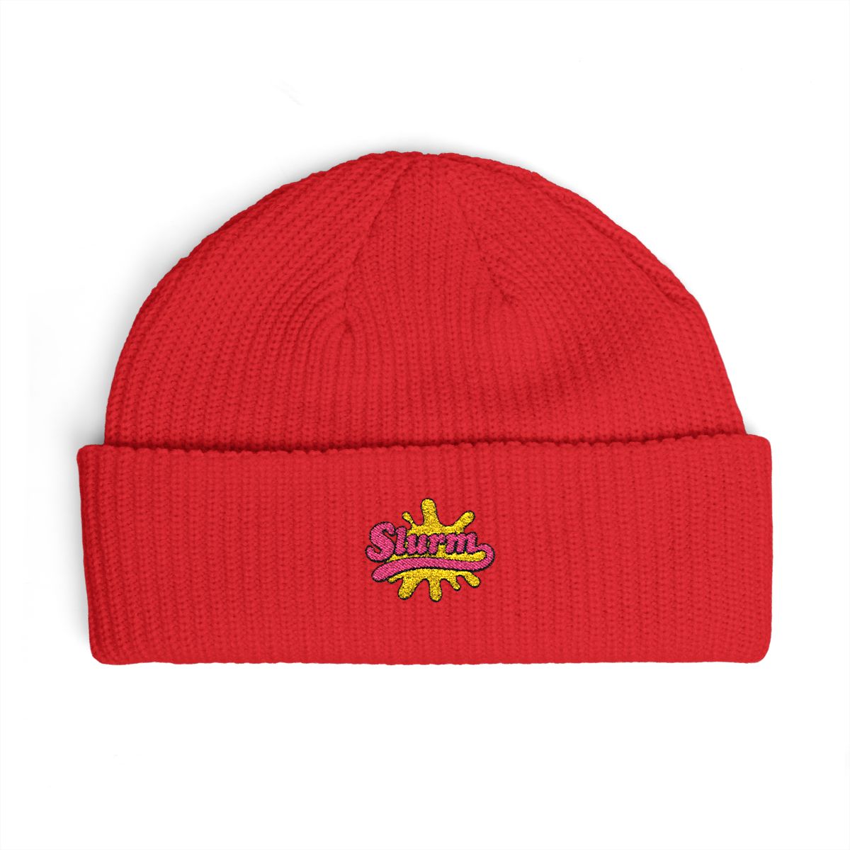 A turquoise blue beanie with a green and pink "Slurm" logo embroidered on the front. - Official Hats & Caps merchandise