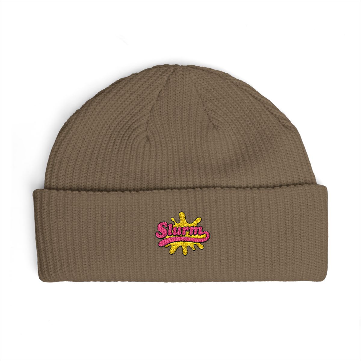 A turquoise blue beanie with a green and pink "Slurm" logo embroidered on the front. - alternate angle 4, merchandise