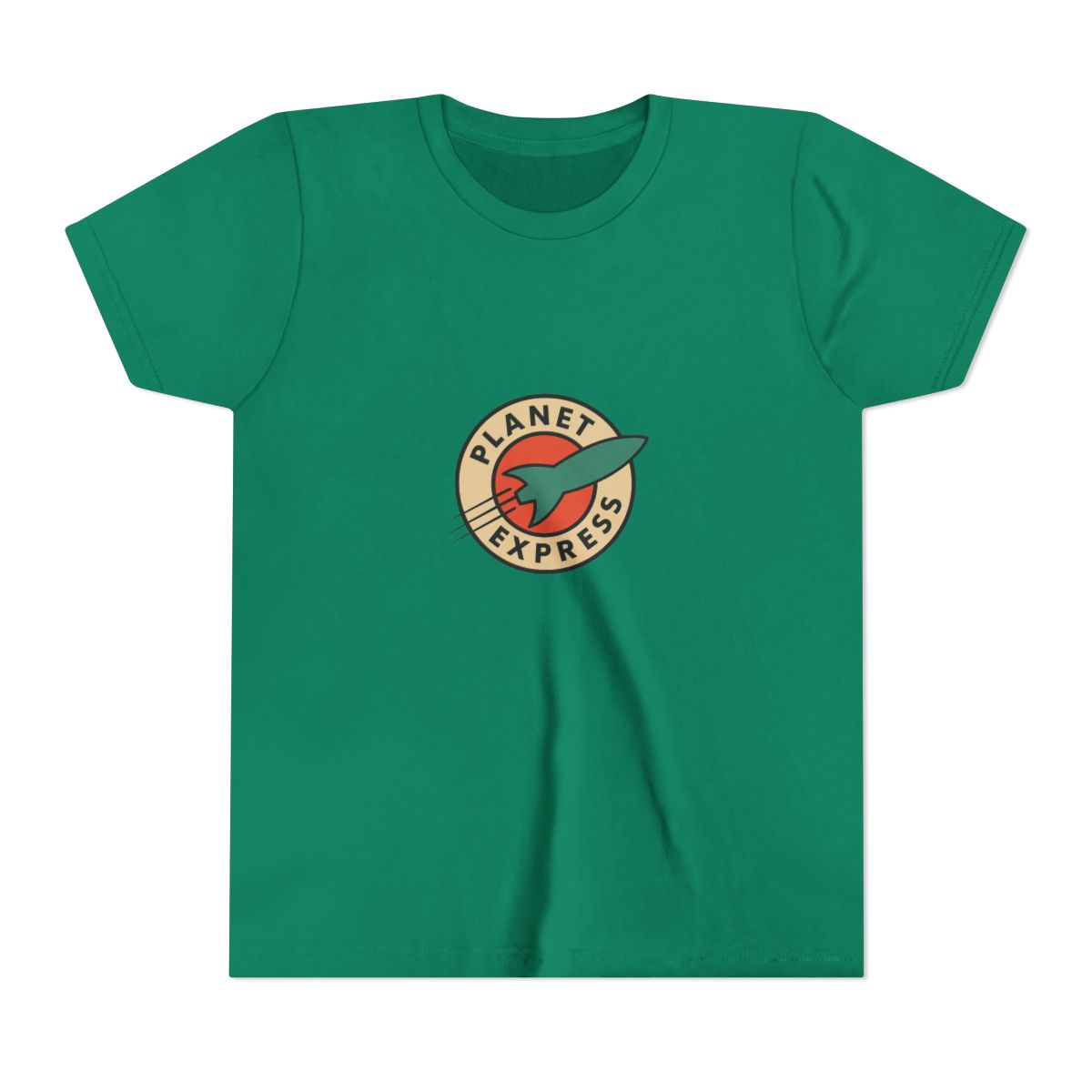 Dark grey t-shirt with a white circle logo featuring a red and orange planet with a green rocket ship. The logo says "Planet Express" in a white font. (Kids) - alternate angle 2, merchandise