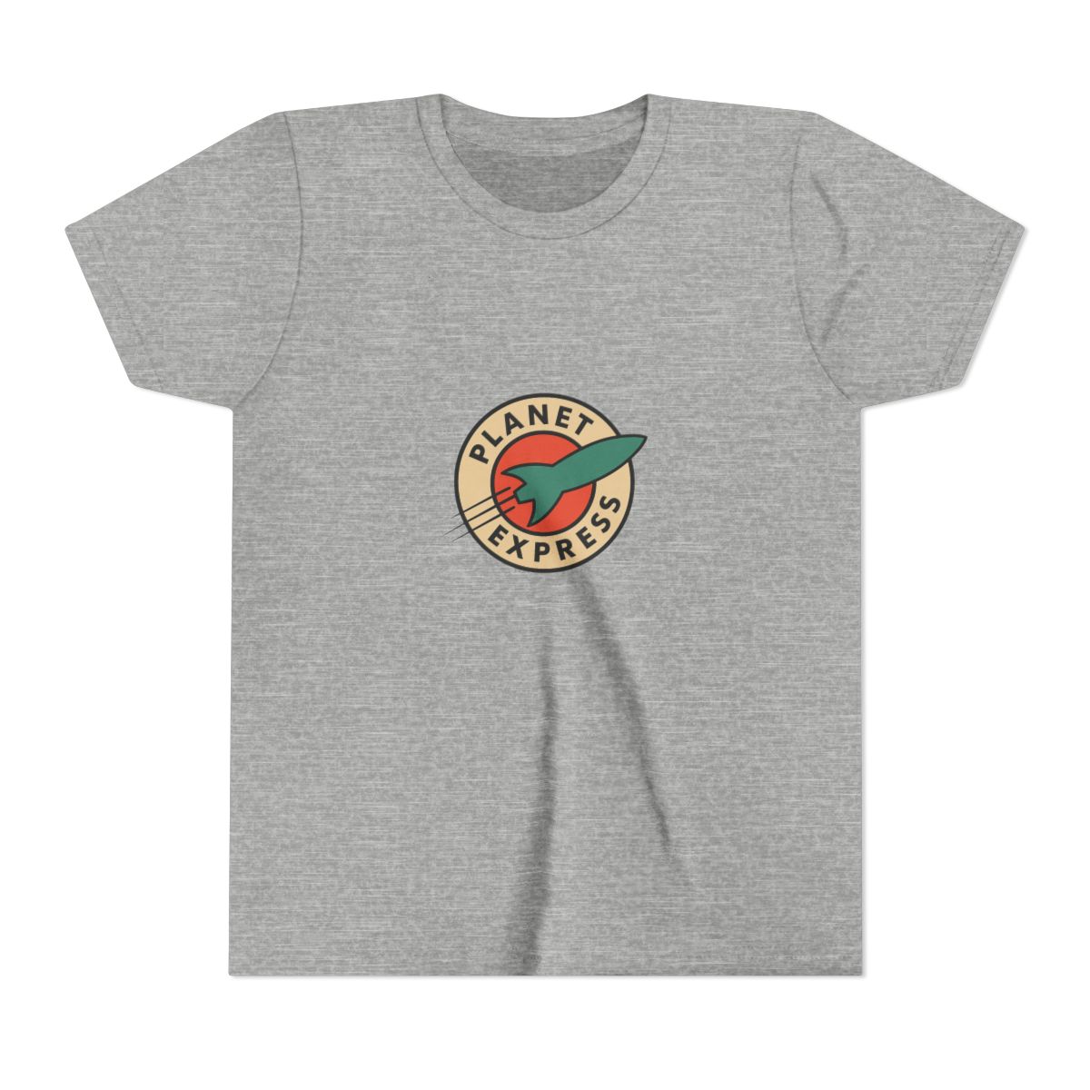 Dark grey t-shirt with a white circle logo featuring a red and orange planet with a green rocket ship. The logo says "Planet Express" in a white font. (Kids) - alternate angle 3, merchandise