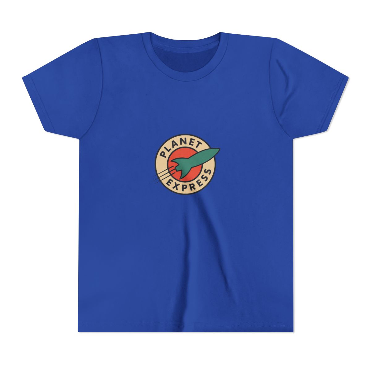 Dark grey t-shirt with a white circle logo featuring a red and orange planet with a green rocket ship. The logo says "Planet Express" in a white font. (Kids) - alternate angle 4, merchandise