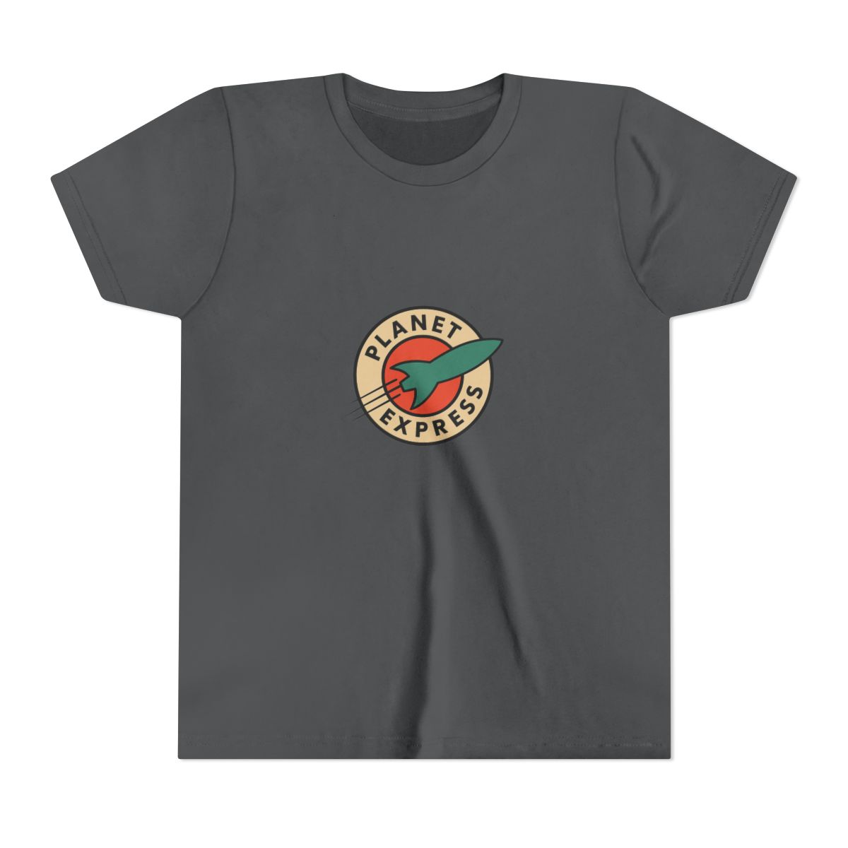 Dark grey t-shirt with a white circle logo featuring a red and orange planet with a green rocket ship. The logo says "Planet Express" in a white font. (Kids) - alternate angle 5, merchandise